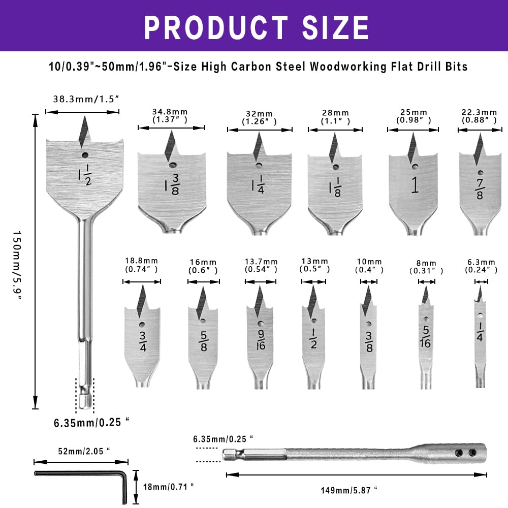 Spade Drill Bit Set, 15Pcs Carbon Steel Paddle Flat Bit with Quick Change Shank (1/4" to 1-1/2"), Woodworking Drilling Flat Bits Suitable for Wood Plastic Rubber PVC Drilling Hole