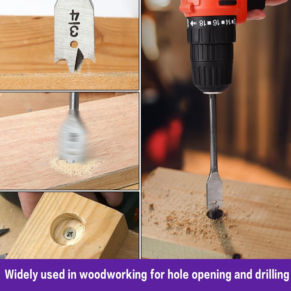Spade Drill Bit Set, 15Pcs Carbon Steel Paddle Flat Bit with Quick Change Shank (1/4" to 1-1/2"), Woodworking Drilling Flat Bits Suitable for Wood Plastic Rubber PVC Drilling Hole