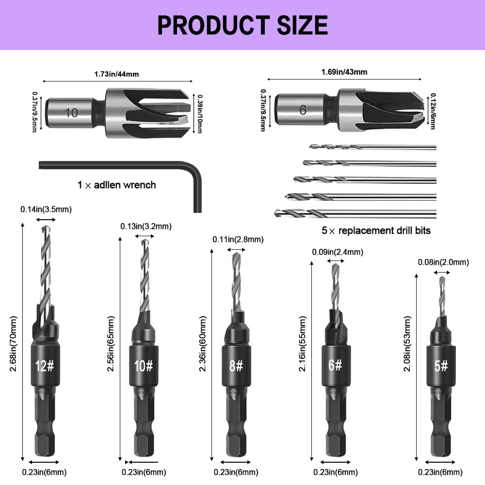 Countersink Drill Bit Set, 5 Piece Woodworking Chamfered Set with 1/4 Inch Hex Shank Compatible with Dremel Rotary Tool, Counter Sinker Tools for Hole Drilling, 2 Piece Wood Plug Cutter with L-Wrench