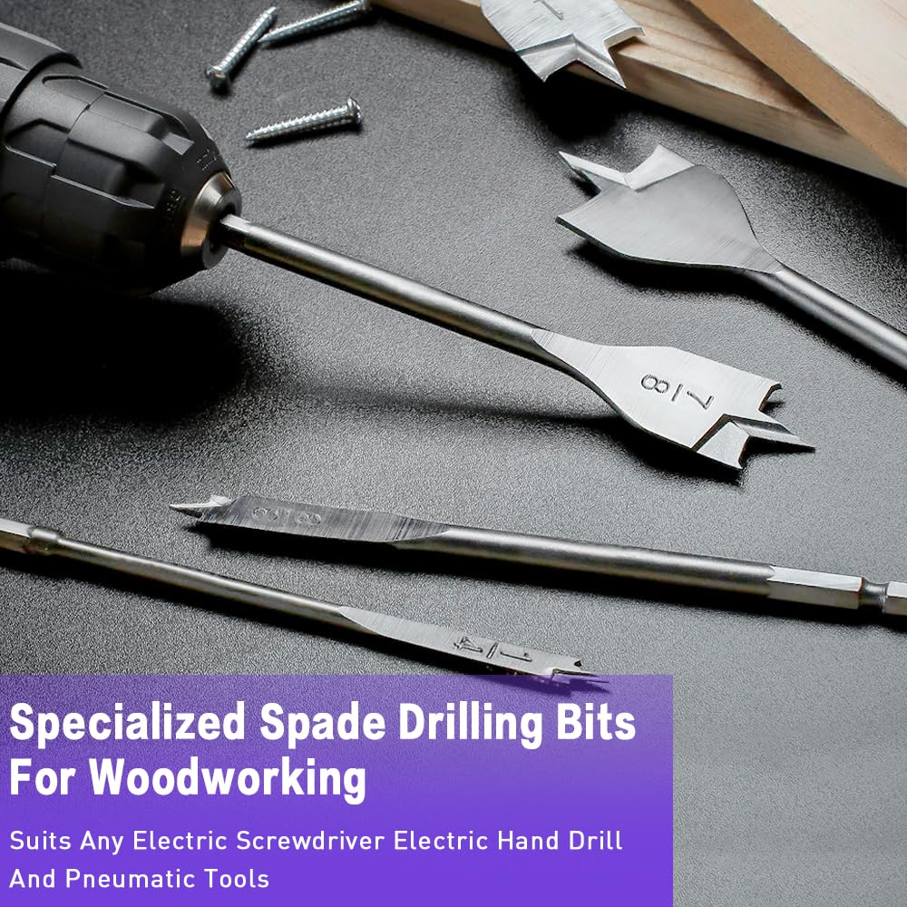 Spade Drill Bit Set, 15Pcs Carbon Steel Paddle Flat Bit with Quick Change Shank (1/4" to 1-1/2"), Woodworking Drilling Flat Bits Suitable for Wood Plastic Rubber PVC Drilling Hole