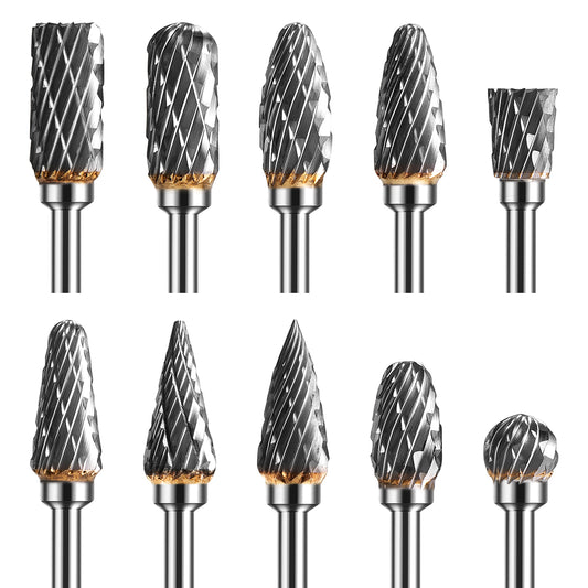 10Pcs Tungsten Carbide Burr Set with 1/8"(3mm) Shank for Metal Working, Double Cut Die Grinder Cutting Burrs Bit for Rotary Tool