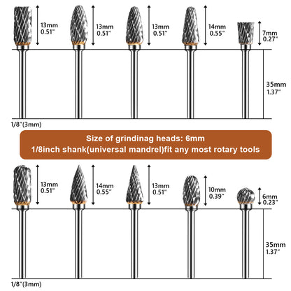10Pcs Tungsten Carbide Burr Set with 1/8"(3mm) Shank for Metal Working, Double Cut Die Grinder Cutting Burrs Bit for Rotary Tool