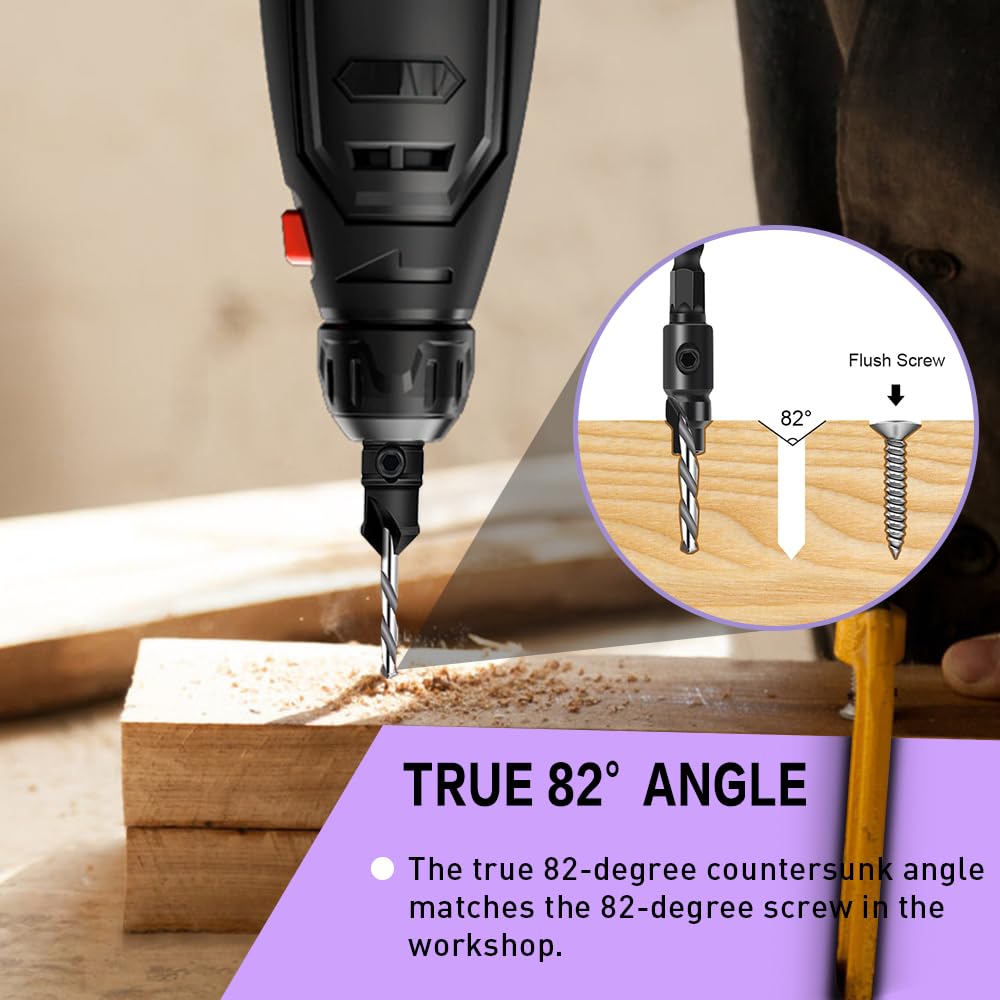 Countersink Drill Bit Set, 5 Piece Woodworking Chamfered Set with 1/4 Inch Hex Shank Compatible with Dremel Rotary Tool, Counter Sinker Tools for Hole Drilling, 2 Piece Wood Plug Cutter with L-Wrench