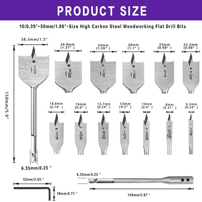 Spade Drill Bit Set, 15Pcs Carbon Steel Paddle Flat Bit with Quick Change Shank (1/4" to 1-1/2"), Woodworking Drilling Flat Bits Suitable for Wood Plastic Rubber PVC Drilling Hole
