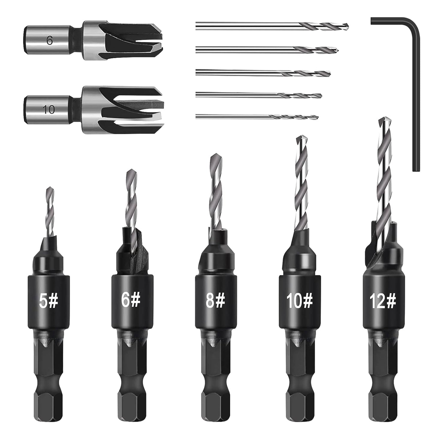 Countersink Drill Bit Set, 5 Piece Woodworking Chamfered Set with 1/4 Inch Hex Shank Compatible with Dremel Rotary Tool, Counter Sinker Tools for Hole Drilling, 2 Piece Wood Plug Cutter with L-Wrench