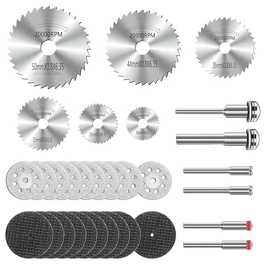 Cutting Discs Compatible with Dremel Rotary Tool, 32Pcs HSS Circular Saw Blades Diamond Cutting Wheel Set Resin Cutting Discs with 1/8 Inch Shank for Wood Glass Plastic Stone Metal