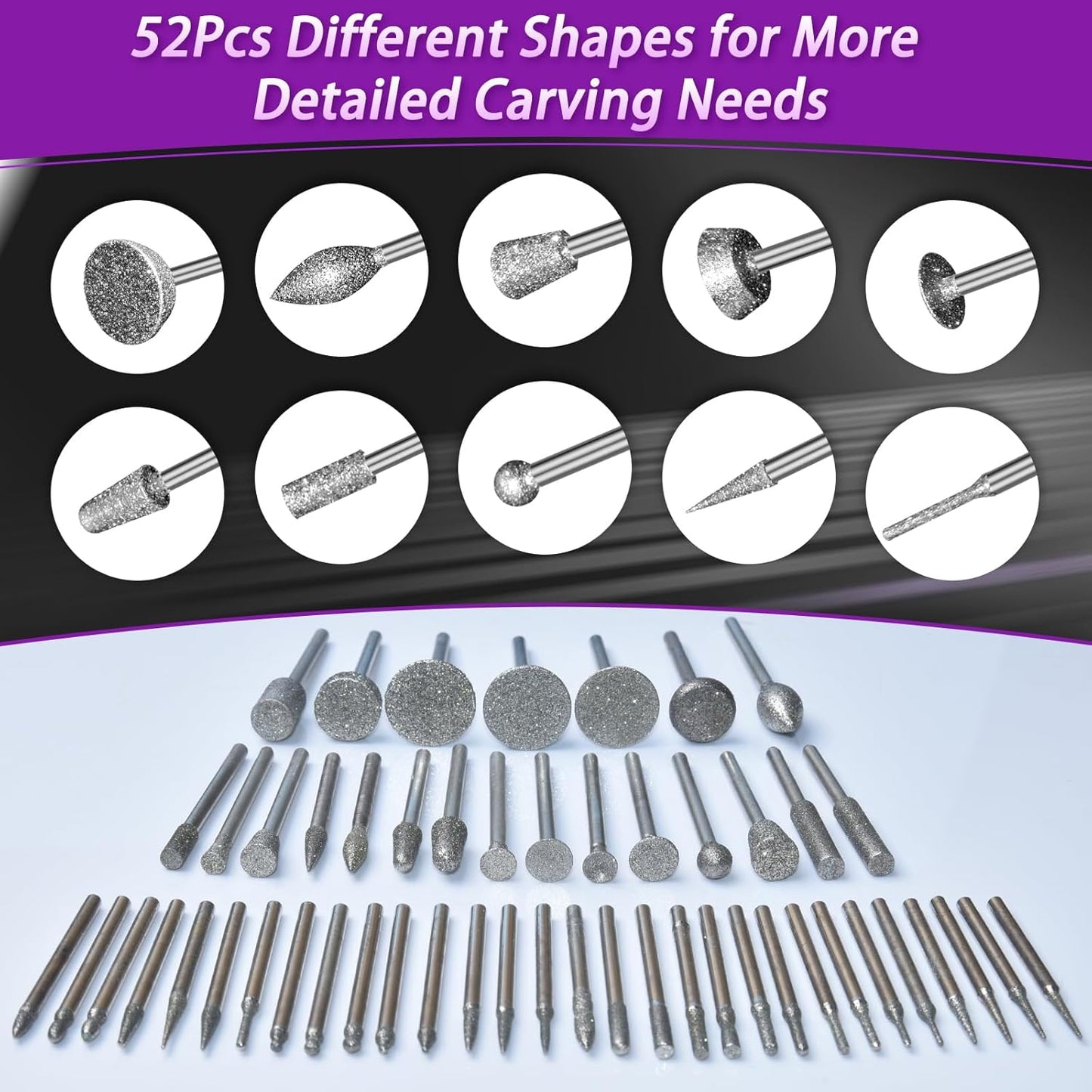 52Pcs Diamond Grinding Bit Polishing Kit Compatible with Dremel, Stone Carving Set Diamond Bits 1/8" (3mm) Shank Accessories for Stone Glass Ceramics Carving, Polishing, Grinding