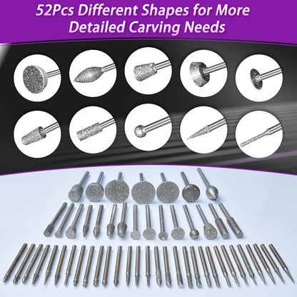 52Pcs Diamond Grinding Bit Polishing Kit Compatible with Dremel, Stone Carving Set Diamond Bits 1/8" (3mm) Shank Accessories for Stone Glass Ceramics Carving, Polishing, Grinding