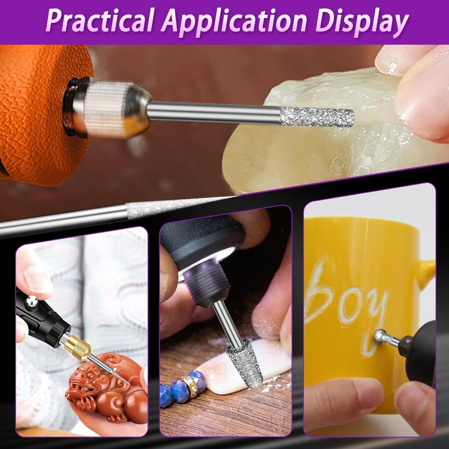 52Pcs Diamond Grinding Bit Polishing Kit Compatible with Dremel, Stone Carving Set Diamond Bits 1/8" (3mm) Shank Accessories for Stone Glass Ceramics Carving, Polishing, Grinding