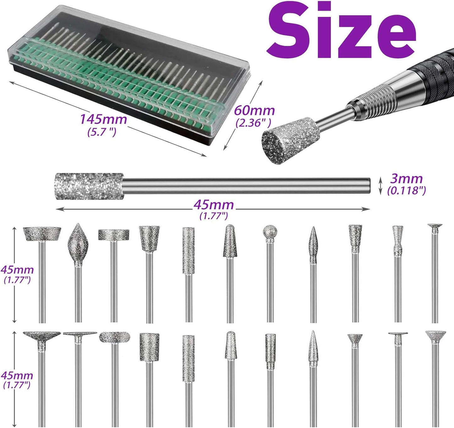 52Pcs Diamond Grinding Bit Polishing Kit Compatible with Dremel, Stone Carving Set Diamond Bits 1/8" (3mm) Shank Accessories for Stone Glass Ceramics Carving, Polishing, Grinding