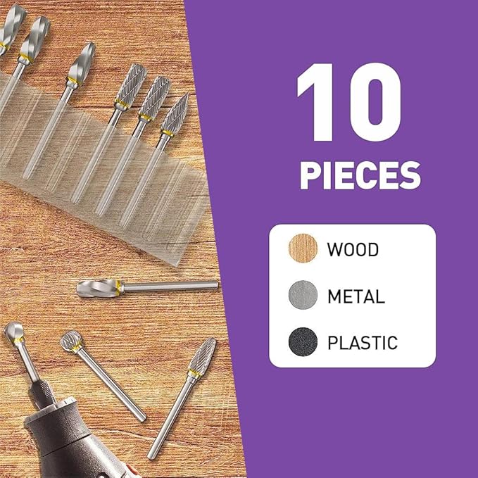 Carving Bits Compatible with Dremel, 10Pcs Carbide Burr Set Grinding Bits with 1/8" Shank, Die Grinder Bits Wood Stone Carving Cutting Engraving Grinder Accessories Kit Attachment
