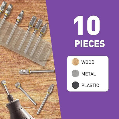 Carving Bits Compatible with Dremel, 10Pcs Carbide Burr Set Grinding Bits with 1/8" Shank, Die Grinder Bits Wood Stone Carving Cutting Engraving Grinder Accessories Kit Attachment