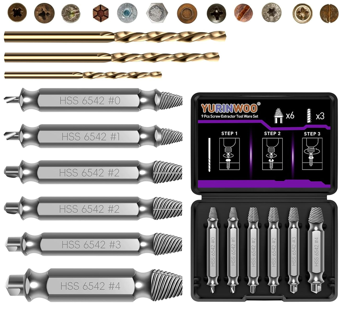 9PCS Damaged Screw Extractor Set, Upgrade Material HSS 6542, with Drill Bit Kit, Holiday or Birthday Gift for Men, Stripped Screws Nuts & Bolts Tools, for Damaged Broken Stripped Screws