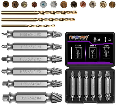 9PCS Damaged Screw Extractor Set, Upgrade Material HSS 6542, with Drill Bit Kit, Holiday or Birthday Gift for Men, Stripped Screws Nuts & Bolts Tools, for Damaged Broken Stripped Screws