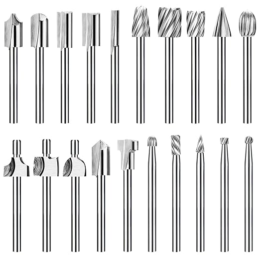 Wood Carving Bits Router Carbide Engraving Bits for Dremel, 20Pc HSS Router Bit Set with 1/8"(3mm) Shank for Rotary Tools for DIY Woodworking, Carving, Engraving, Drilling, Sculpting