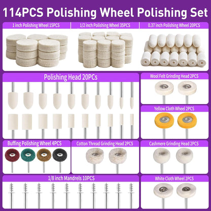 114 PCS Polishing Kit with 2Pcs Polishing Compound for Dremel, Abrasive Buffing Wheels Polishing Bits for Rotary Tool Accessories with 1/8 Inch Shank, Sanding Kit for Metal Wood Watch Jewelry Brass