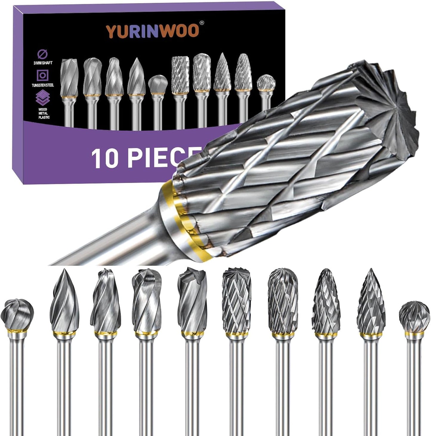 Carving Bits Compatible with Dremel, 10Pcs Carbide Burr Set Grinding Bits with 1/8" Shank, Die Grinder Bits Wood Stone Carving Cutting Engraving Grinder Accessories Kit Attachment