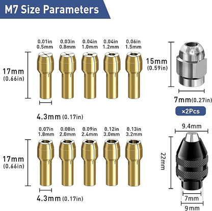 4486 Multi Chuck Set 15Pcs,Brass Collet Set,Collet Nut Kit,0.8-3.2mm Replacement Keyless Quick Change Chuck Rotary Tool Accessory Compatible with Dremel 3000(M7x0.75mm Long)