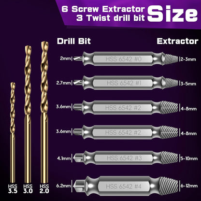 9PCS Damaged Screw Extractor Set, Upgrade Material HSS 6542, with Drill Bit Kit, Holiday or Birthday Gift for Men, Stripped Screws Nuts & Bolts Tools, for Damaged Broken Stripped Screws