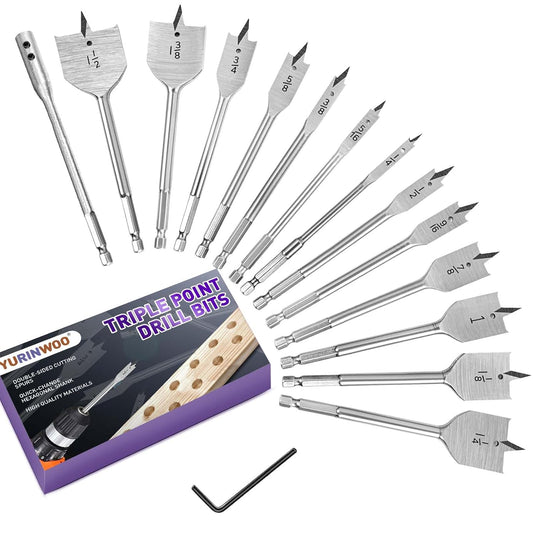 Spade Drill Bit Set, 15Pcs Carbon Steel Paddle Flat Bit with Quick Change Shank (1/4" to 1-1/2"), Woodworking Drilling Flat Bits Suitable for Wood Plastic Rubber PVC Drilling Hole