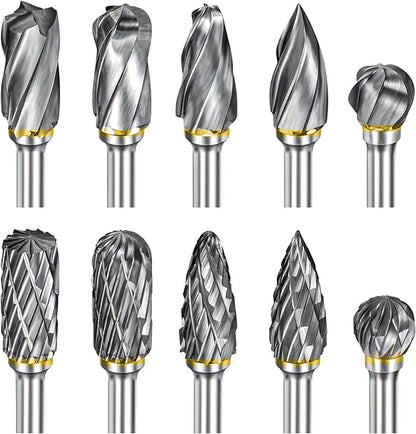 Carving Bits Compatible with Dremel, 10Pcs Carbide Burr Set Grinding Bits with 1/8" Shank, Die Grinder Bits Wood Stone Carving Cutting Engraving Grinder Accessories Kit Attachment