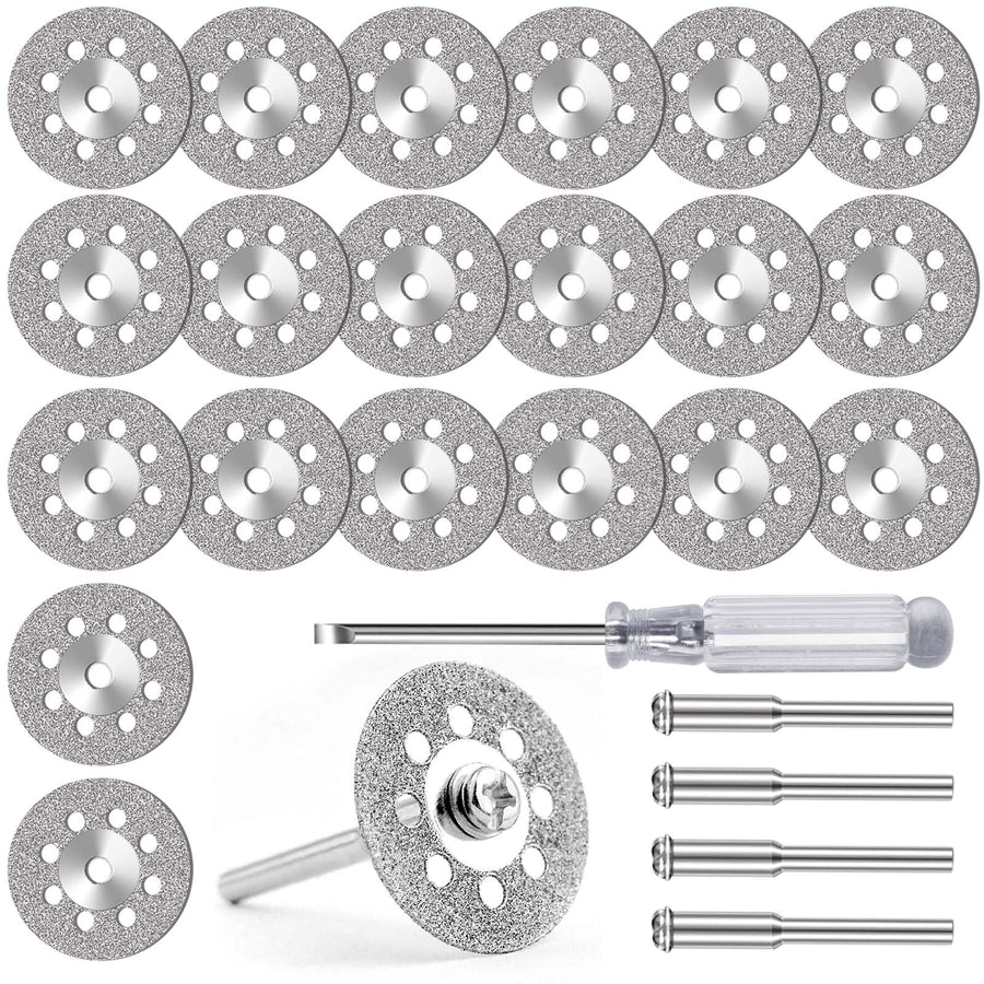 FOTYBEI 20pcs 545 Diamond Coated Cutting Wheel (20mm) for Dremel Rotary Tool with 402 Mandrel (3mm) 4pcs and Screwdriver for Rotary Tool Accessories Stone Glass Cutting (20pcs-20mm)