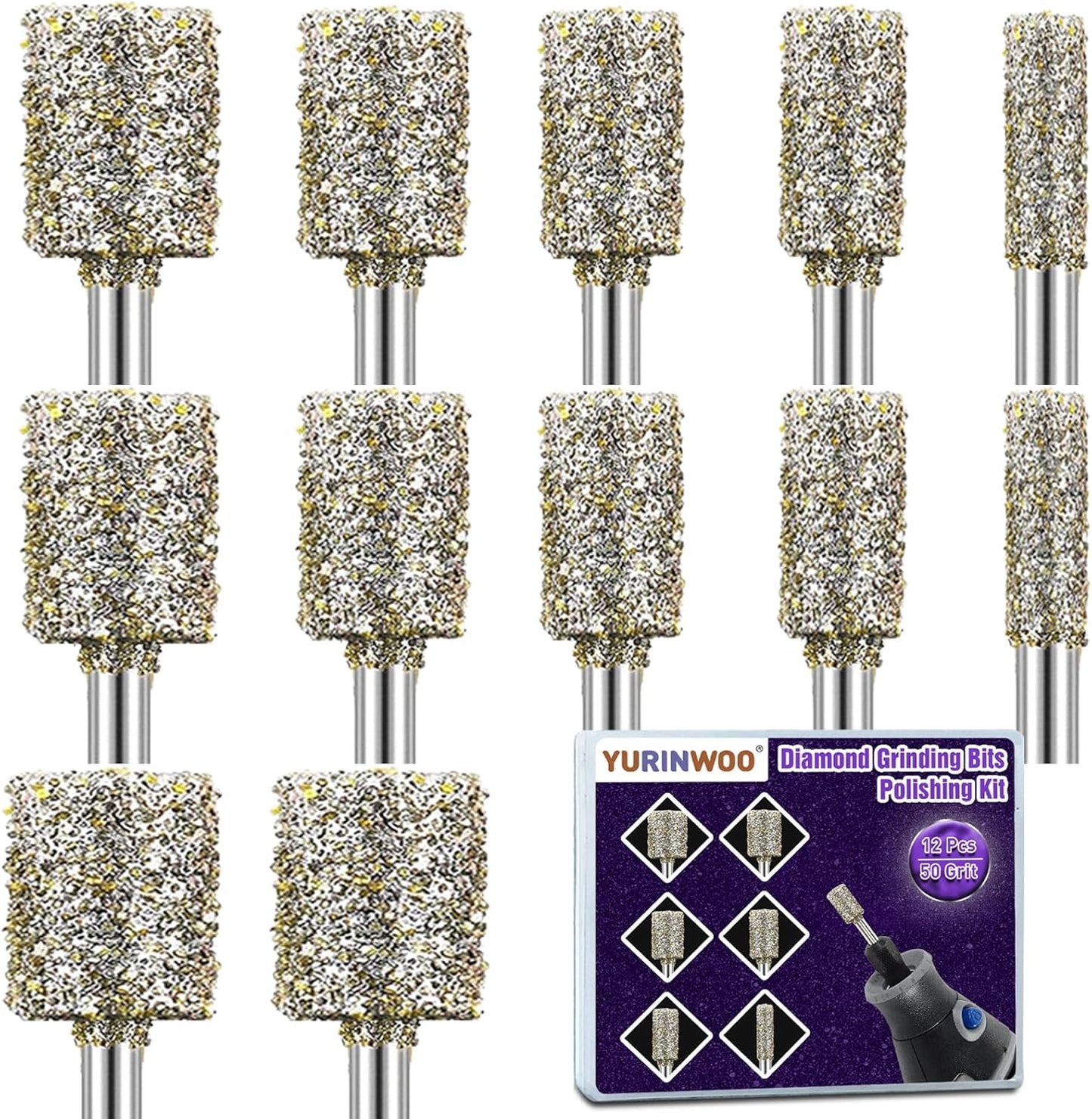 12PCS Diamond Grinding Bit Compatible with Dremel, Stone Carving Set with 50Grit Diamond Coated Bits Polishing Kit with 1/8" (3mm) Shank Rotary Tools Accessories for Stone Rocks Jewelry Glass Ceramics