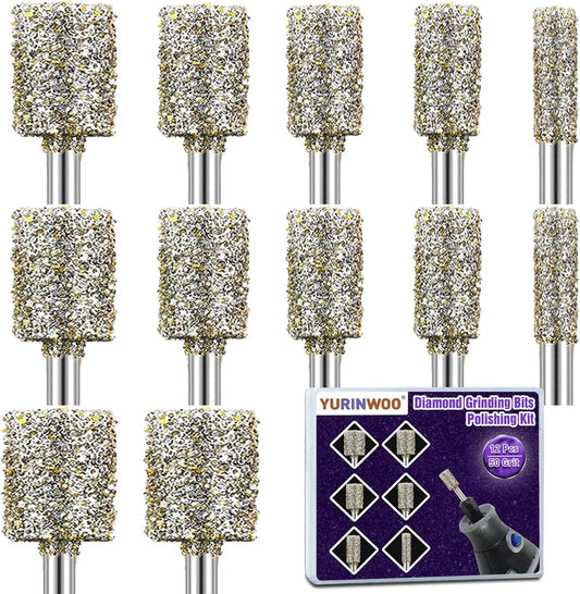 12PCS Diamond Grinding Bit Compatible with Dremel, Stone Carving Set with 50Grit Diamond Coated Bits Polishing Kit with 1/8" (3mm) Shank Rotary Tools Accessories for Stone Rocks Jewelry Glass Ceramics