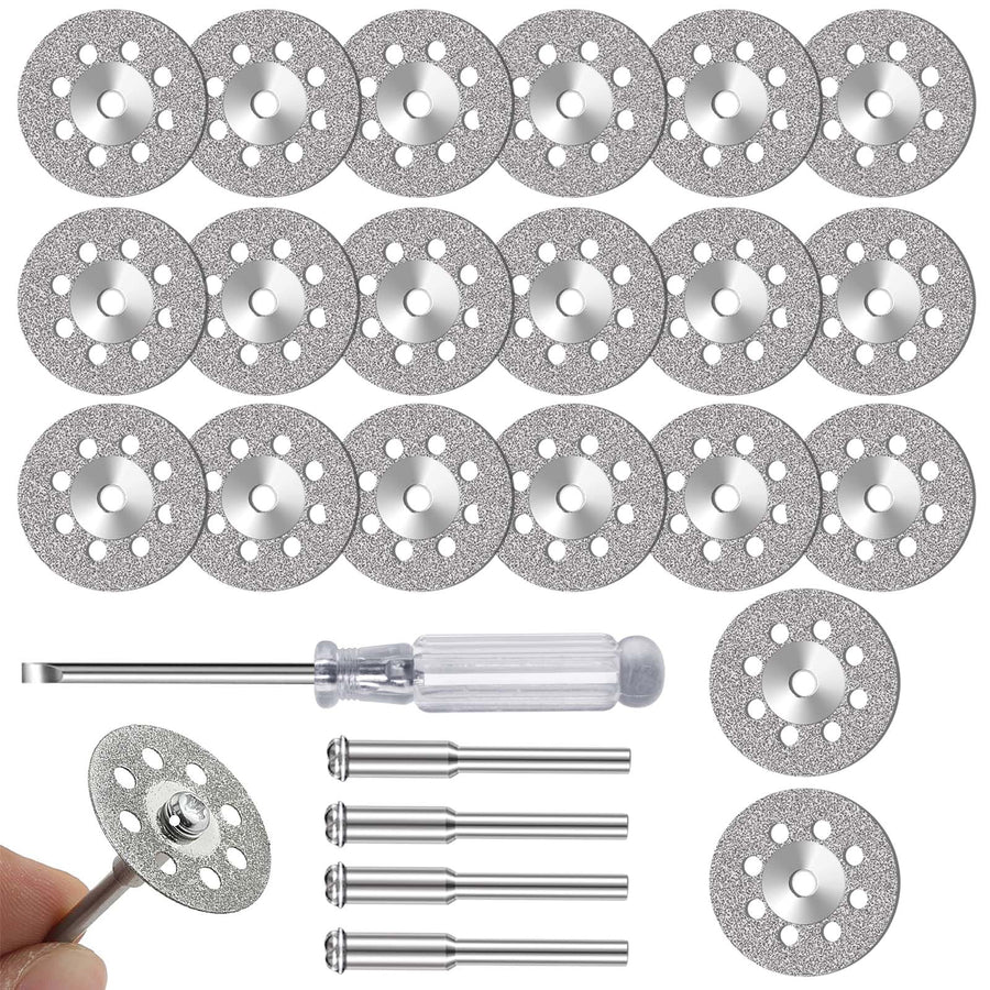 FOTYBEI 20pcs 545 Diamond Coated Cutting Wheel (20mm) for Dremel Rotary Tool with 402 Mandrel (3mm) 4pcs and Screwdriver for Rotary Tool Accessories Stone Glass Cutting (20pcs-20mm)