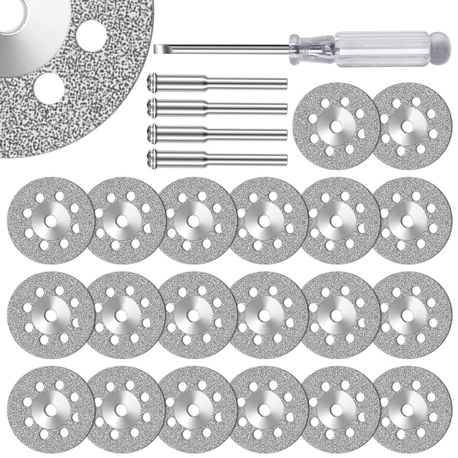 FOTYBEI 20pcs 545 Diamond Coated Cutting Wheel (20mm) for Dremel Rotary Tool with 402 Mandrel (3mm) 4pcs and Screwdriver for Rotary Tool Accessories Stone Glass Cutting (20pcs-20mm)