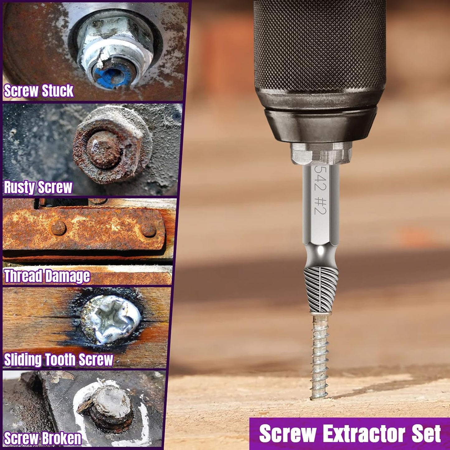 9PCS Damaged Screw Extractor Set, Upgrade Material HSS 6542, with Drill Bit Kit, Holiday or Birthday Gift for Men, Stripped Screws Nuts & Bolts Tools, for Damaged Broken Stripped Screws