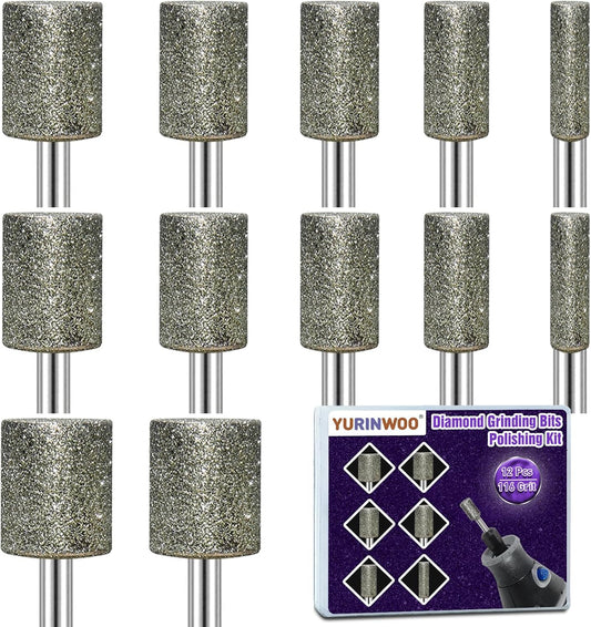 12PCS Diamond Grinding Bit Compatible with Dremel Rotary Tools, Stone Carving Set Polishing Kit with 116Grit Diamond Coated Bits 1/8" (3mm) Shank Accessories for Stone Rocks Jewelry Glass Ceramics