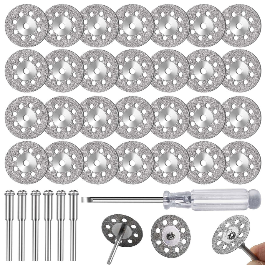 FOTYBEI 20pcs 545 Diamond Coated Cutting Wheel (20mm) for Dremel Rotary Tool with 402 Mandrel (3mm) 4pcs and Screwdriver for Rotary Tool Accessories Stone Glass Cutting (20pcs-20mm)