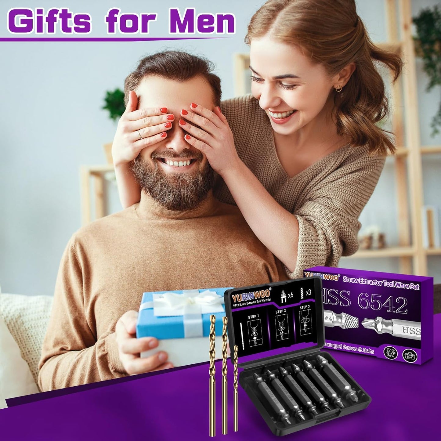 9PCS Damaged Screw Extractor Set, Upgrade Material HSS 6542, with Drill Bit Kit, Holiday or Birthday Gift for Men, Stripped Screws Nuts & Bolts Tools, for Damaged Broken Stripped Screws